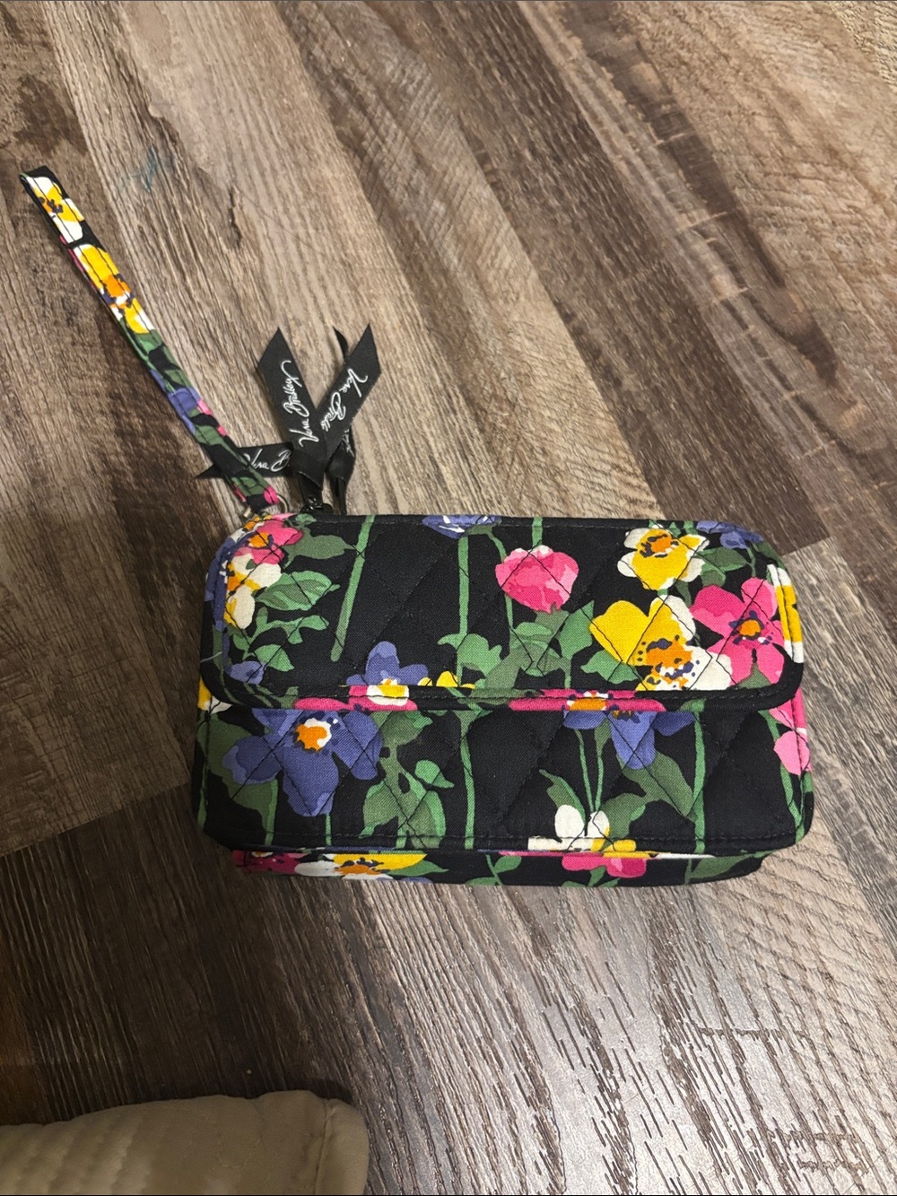 Vera Bradley Black Quilted Floral Wristlet with Pink Yellow Purple Accents